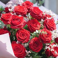 Introducing the Red Romance Rose Bouquet by Wild About Flowers: a luxurious mix of vibrant red roses, delicate white flowers, and lush green foliage. Wrapped in light pink paper, this romantic bouquet is perfect for local delivery and a gesture of love.
