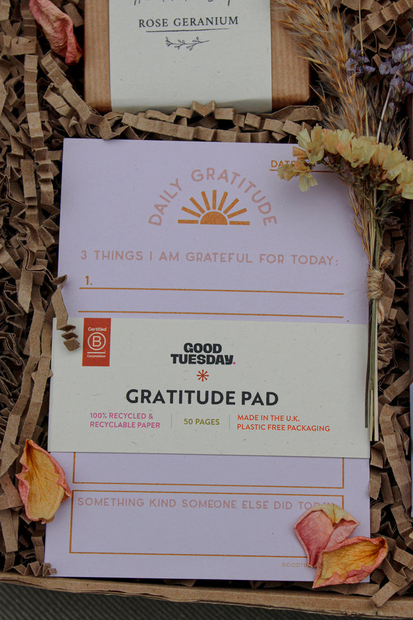 A purple "Good Tuesday" gratitude pad in the Wix Galentine's Gift Box sits on shredded paper, inviting users to list three gratitudes. Accompanied by dried flowers and rose geranium soap, it's perfect for a cozy night or friendship celebration.