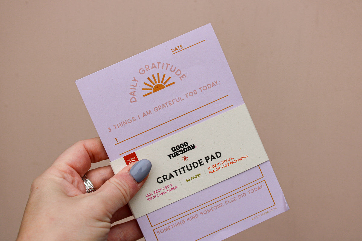 A hand holds a purple "Gratitude Pad" from Wix's Galentines Gift Box, featuring sections to list three things to be grateful for and one kind act seen, perfect for a cozy night in. The pad has 50 pages with orange and red text on a neutral background.