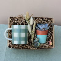 The Wild About Flowers New Housemates Gift Box features eco-friendly packaging with a green plaid mug, a potted botanical plant, and dried flowers—an ideal housewarming present set on light blue fabric.