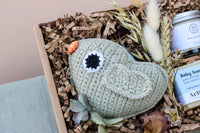 The "Bundle of Joy" gift box by Wild About Flowers includes a delightful knitted green bird toy with a black eye and an orange tuft, nestled among dried flowers and wood shavings. Accompanying the bird toy is a hypo-allergenic "Baby Soap" jar, along with other charming items discreetly tucked inside.