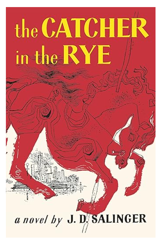 The cover of "Catcher in the Rye" by Event presents a modern American novel with a red and white illustration of a carousel horse set against an urban skyline. The title is showcased in yellow, while the author’s name is displayed in white, encapsulating the essence of Holden Caulfield's world.