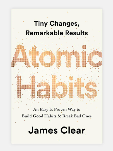 Book cover of "Atomic Habits Book Club" by Event. The text reads: "Tiny Changes, Remarkable Results. An Easy & Proven Way to Build Good Habits & Break Bad Ones with practical strategies." Orange mosaic-style typography on a white background.