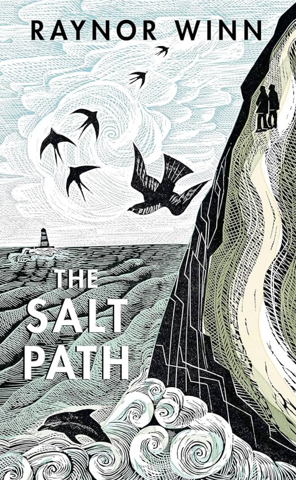 The cover of "The Salt Path" by Event, authored by Raynor Winn, depicts two figures standing on a cliff against the ocean backdrop. Above them fly birds, swirling waves animate the sea below, and a lighthouse stands in the distance.