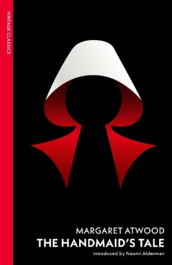 Minimalist Event book cover for "The Handmaid's Tale," featuring a stylized red cloak and white bonnet on black, with bold red and white text and a vertical red stripe along the left edge.