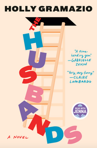 The cover of "The Husbands" by Event shows a tall wooden ladder leaning on a black door in the ceiling, with "Husbands" spelled vertically in colorful letters. Blue blurbs featuring praise appear on the contemporary novel's cover.