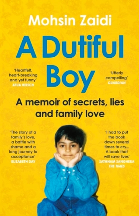 Event's "A Dutiful Boy" book cover features a smiling young boy sitting cross-legged on a yellow background with blue flowers and review quotes praising this heartfelt memoir of identity as compelling.