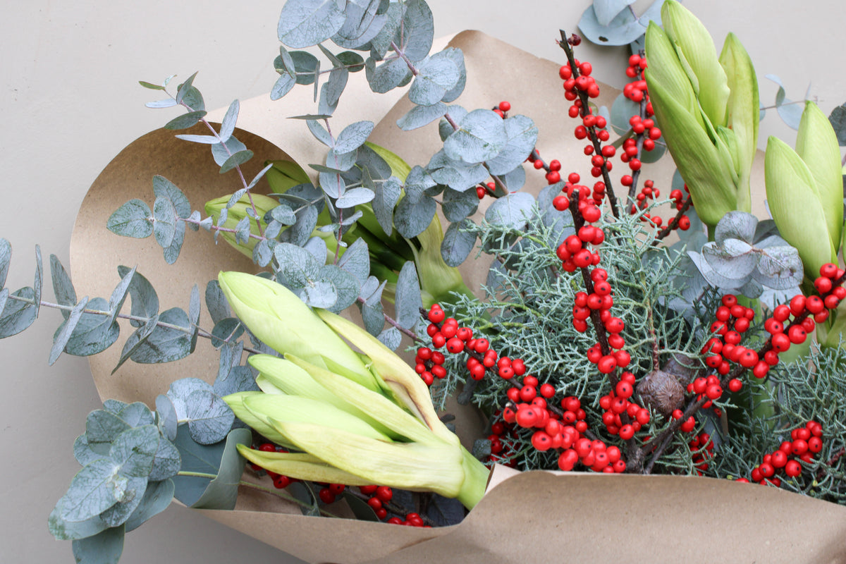 The Driving Home for Christmas Stems by Wild About Flowers features eucalyptus leaves, vibrant Ilex berries, and light green amaryllis buds wrapped in brown paper, offering a charming display of Christmas flowers against a neutral background.