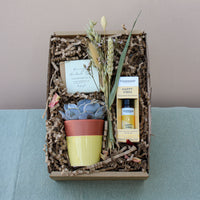 The Be Happy Gift Box by Wild About Flowers includes a potted succulent in a yellow pot, dried flowers, chamomile and calendula tea, uplifting lemon tea tree essential oil, and a bottle of "Happy Vibes" essential oil. These items are carefully arranged in shredded brown paper for an eco-friendly presentation.