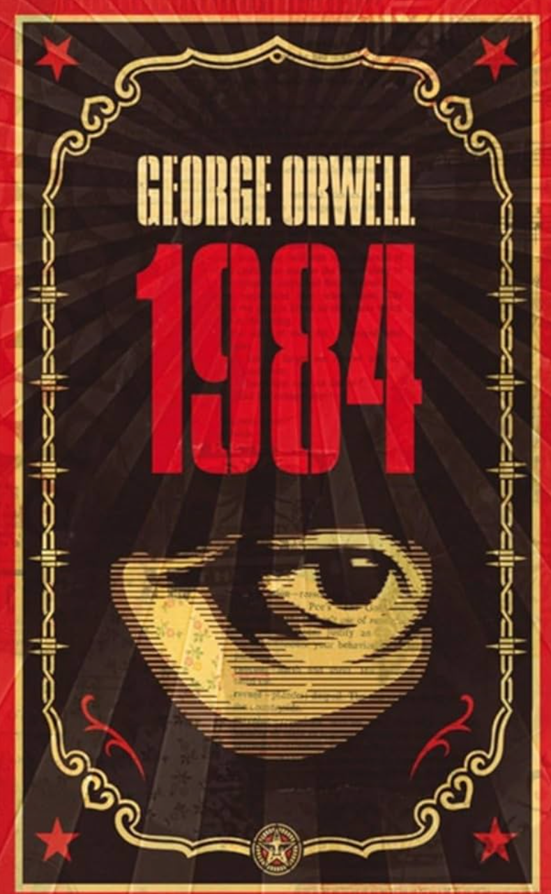 Stylized cover of Event's "1984" by George Orwell, featuring an eye symbol with a vintage design. The title "1984" is prominent in large red letters, with the author's name above in smaller text. Decorative patterns border the cover.