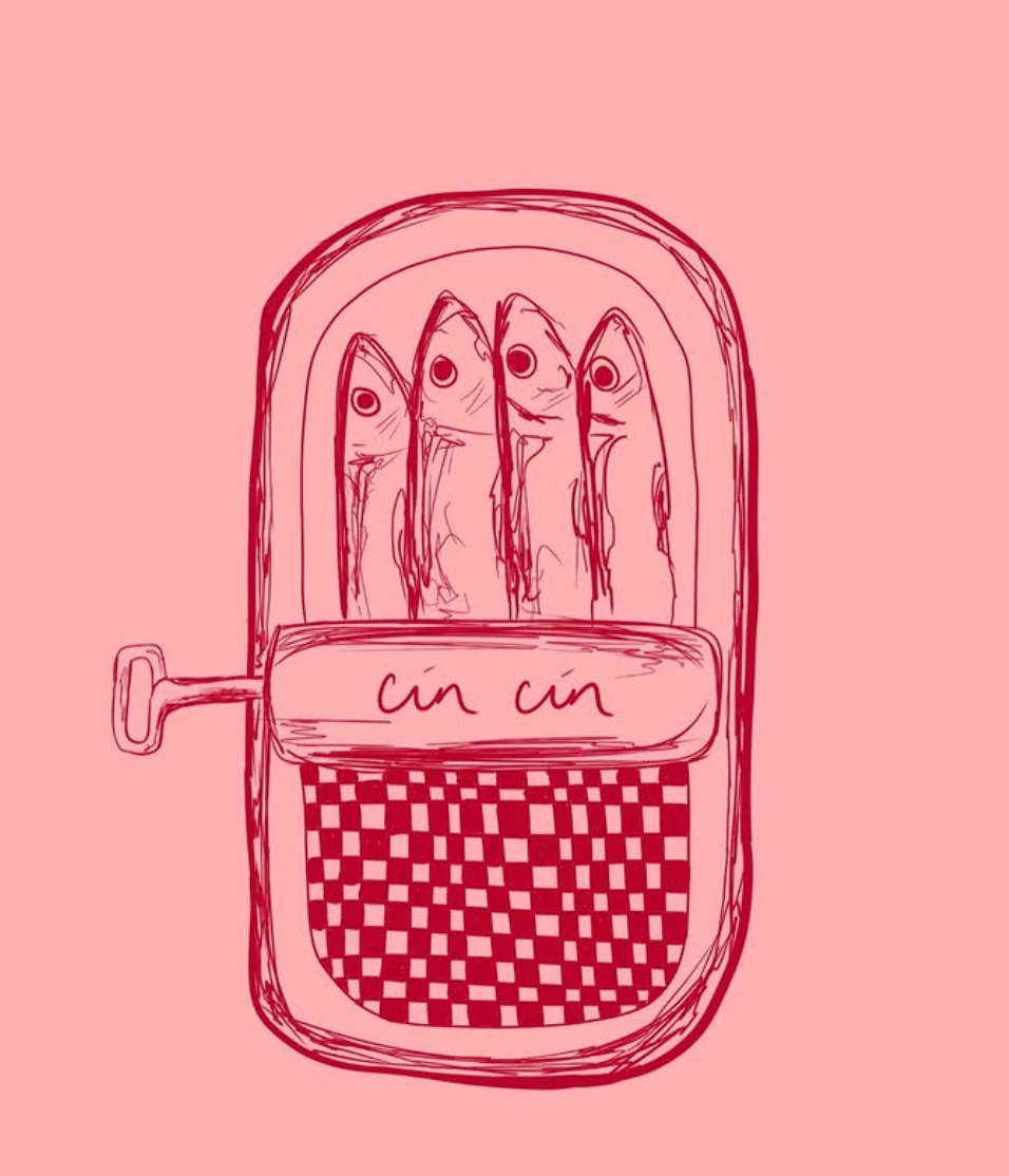 The illustration features an open sardine can, labeled "Supper Club with Cin Cin" by Event, displaying four fish inside. The can has a pull tab and a checkered pattern beneath the fish. The phrase "cin cin" is written across its top in red on a pink background.