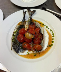 The "Supper Club with Cin Cin" by Event features a plated dish with grilled fish topped with roasted cherry tomatoes and sauce, served on a bed of creamy white sauce, garnished with a drizzle of green oil.