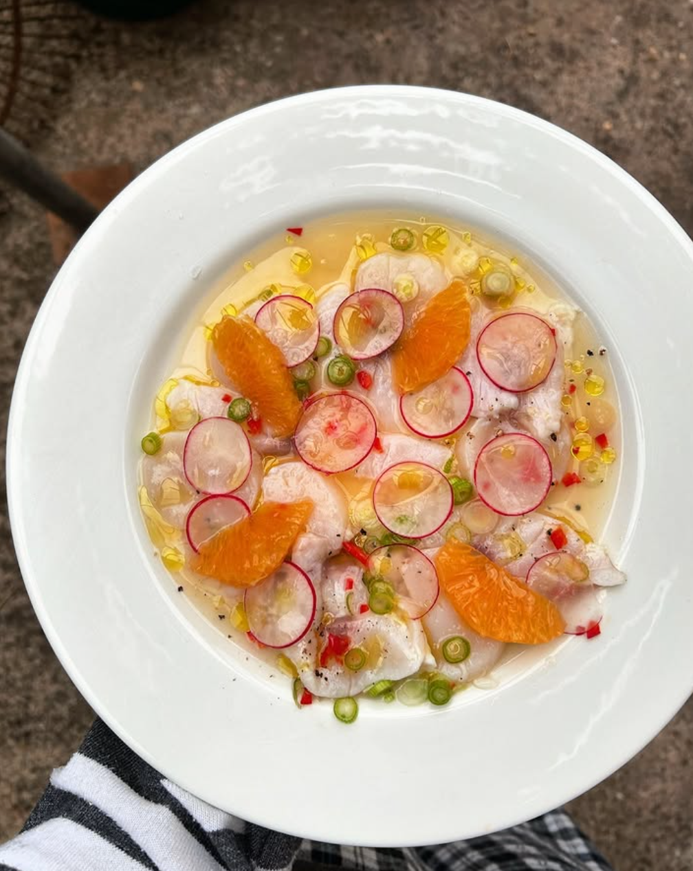 A white plate from the product "Supper Club with Cin Cin" by Event holds a vibrant ceviche with sliced fish, radishes, orange segments, green peppers, and red chili in a light sauce, presented against a textured backdrop.