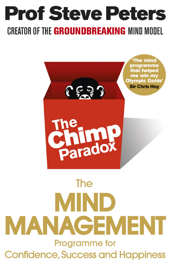 Book Club | The Chimp Paradox by Event: Cover shows a cartoon chimp peeking from a red box and gold text on mind management for growth, confidence, success, and happiness.