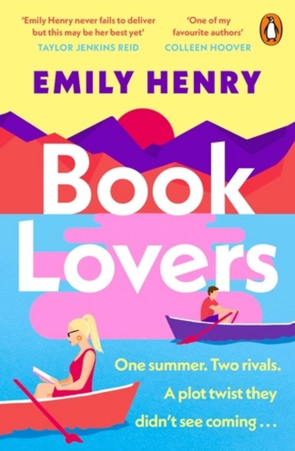 Vibrant cover for "Book Club | Book Lovers" by Event, featuring a woman reading in a canoe and a man rowing on a lake, with purple mountains and an orange sky in the background.