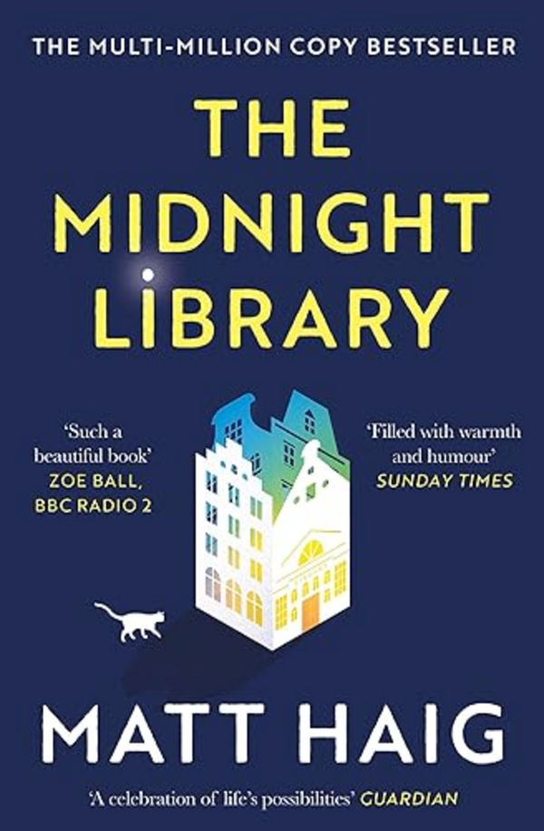 Book Club | The Midnight Library by Event features a dark blue cover with a white and yellow building, a cat in front, large yellow and white title text, and review quotes highlighting its mental health theme.