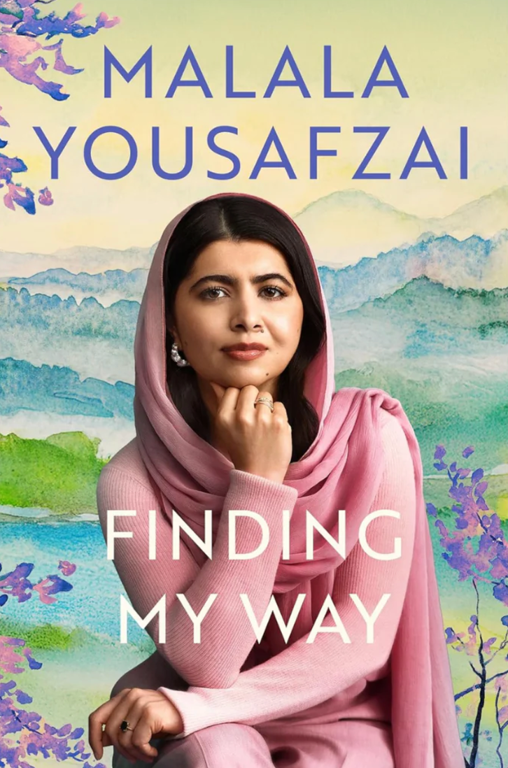 Book cover for Book Club | Finding My Way — Malala Yousafzai by Event, featuring Malala in a pink outfit and headscarf, seated with hand under chin before a watercolor landscape of trees and mountains—ideal for book clubs.