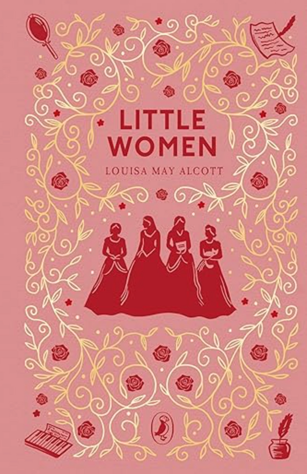 Book cover for Event’s “Book Club October | Little Women,” the classic coming-of-age novel by Louisa May Alcott, showcasing four women in long dresses encircled by a floral and vine border with illustrations of a fan, book, and ink quill—all set against a pink background.