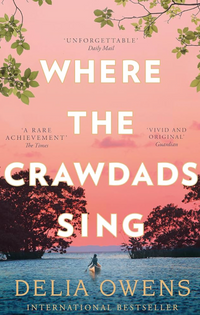 Book cover of "Where the Crawdads Sing" by Delia Owens, from Event. It features a person in a small boat on water at sunset, surrounded by trees under a pink sky, with quotes from the Daily Mail, The Times, and The Guardian at the top.