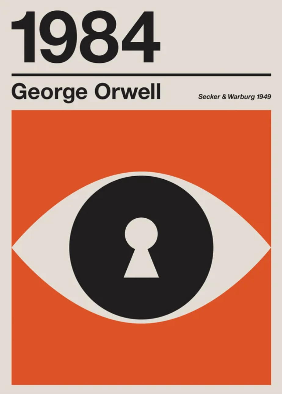 Cover of "1984" by George Orwell from Event shows a black and orange eye with a keyhole, symbolizing surveillance. Bold black text at the top spells "1984," with author and publisher info below.