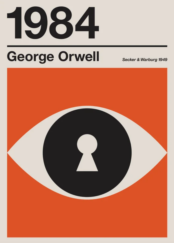 Cover of "1984" by George Orwell from Event shows a black and orange eye with a keyhole, symbolizing surveillance. Bold black text at the top spells "1984," with author and publisher info below.