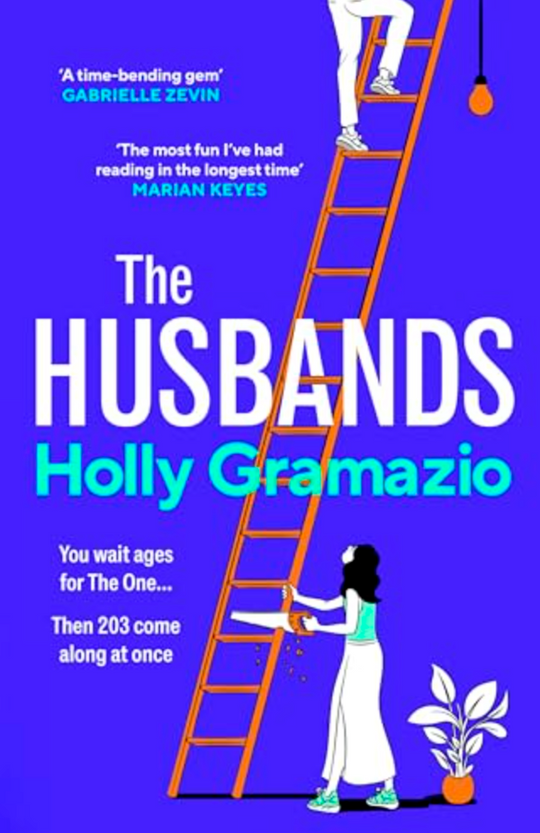 Book cover for "The Husbands" by Event: A contemporary novel featuring a woman at the base of an orange ladder and another climbing it, set against a purple background with white and blue text and a nearby potted plant.