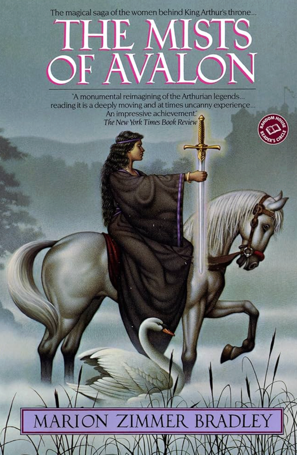 Book Club | The Mists of Avalon – Marion Zimmer Bradley by Event: Features a cover with a woman in a dark robe holding a staff, riding a white horse across misty water with a castle behind, depicting this feminist Arthurian retelling.