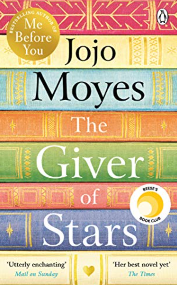 Stack of colorful books titled "Book Club July | The Giver of Stars" by Event, featuring a Reese’s Book Club sticker and review quotes, celebrating women's friendship and traveling librarians in historical fiction.