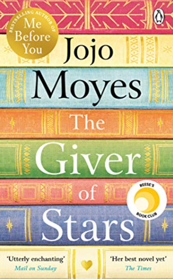 Stack of colorful books titled "Book Club July | The Giver of Stars" by Event, featuring a Reese’s Book Club sticker and review quotes, celebrating women's friendship and traveling librarians in historical fiction.