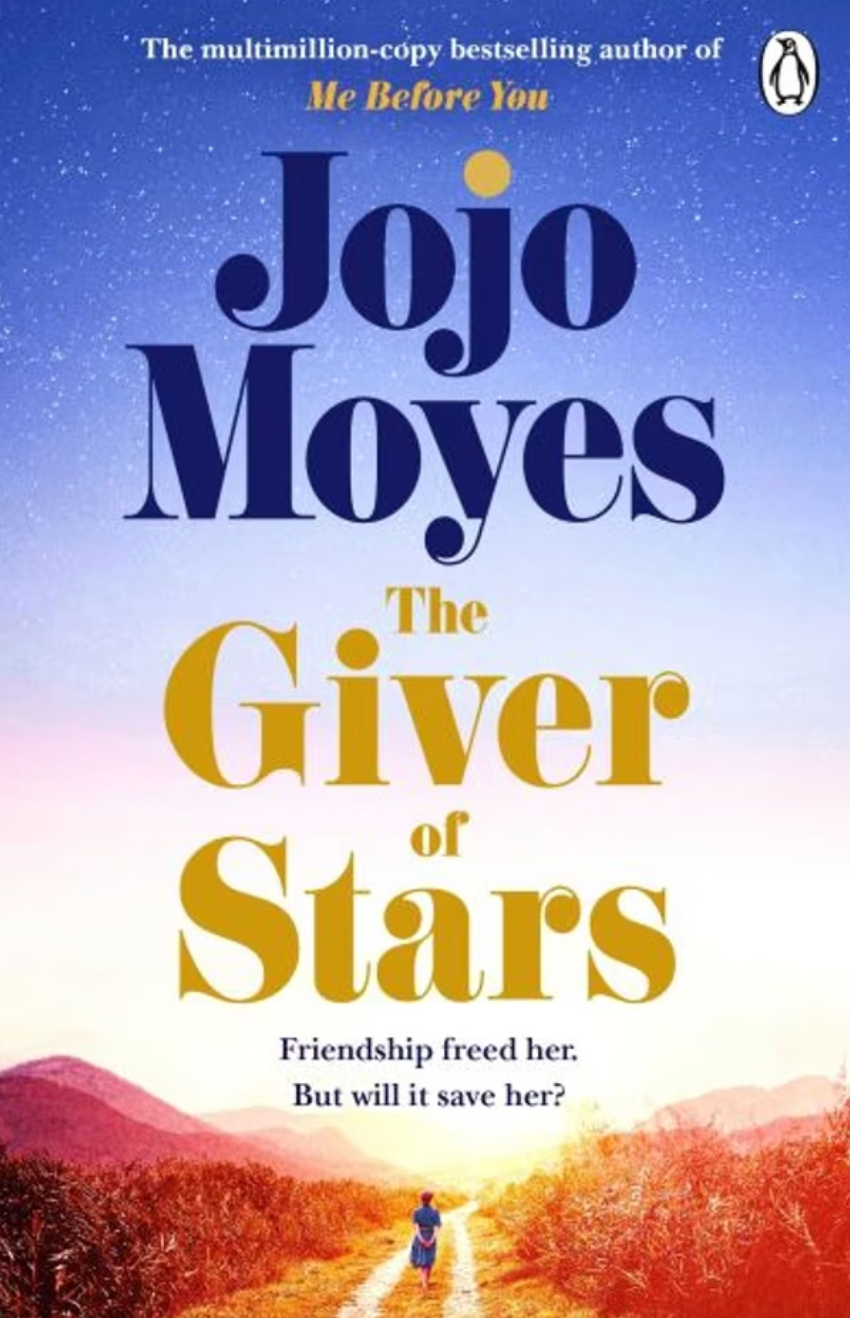 The "Book Club July | The Giver of Stars" event showcases Jojo Moyes’s novel, featuring a cover with a figure crossing a field toward mountains—reflecting this historical fiction about traveling librarians and women’s friendship.