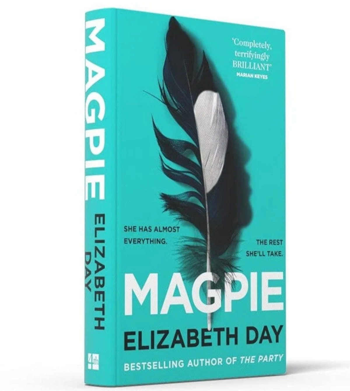 Book cover for Book Club | Magpie by Elizabeth Day, featuring a bright teal background and a single large black and white feather.