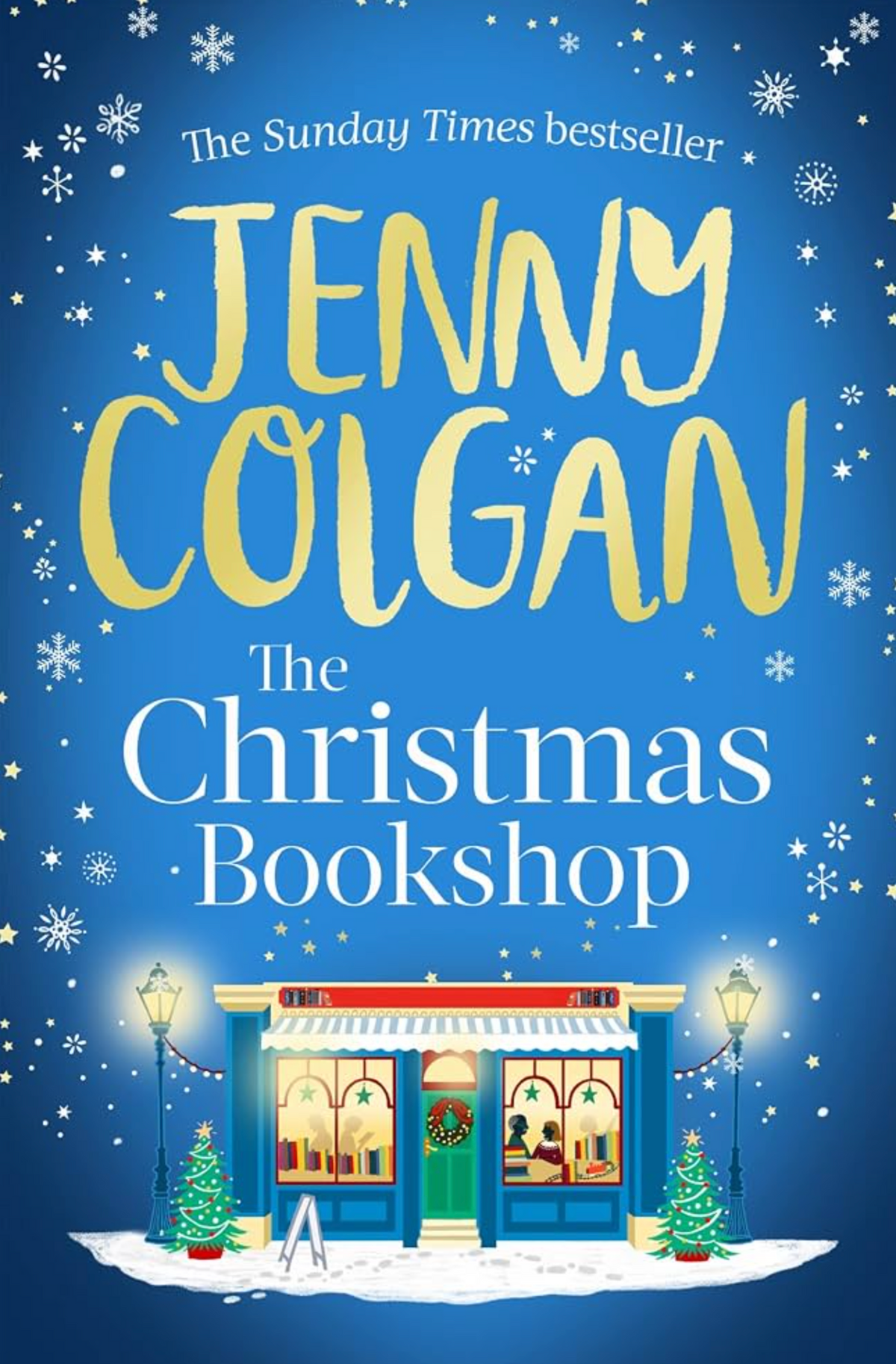 The Book Club & Social | The Christmas Bookshop cover, featuring an illustration of a festive fiction storefront at night surrounded by snowflakes.